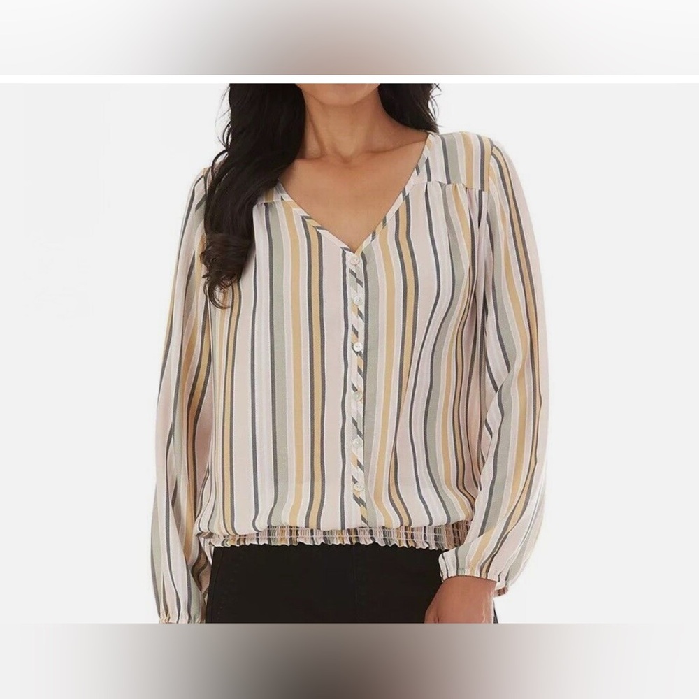 Striped V-Neck Blouse With Smocked Bottom